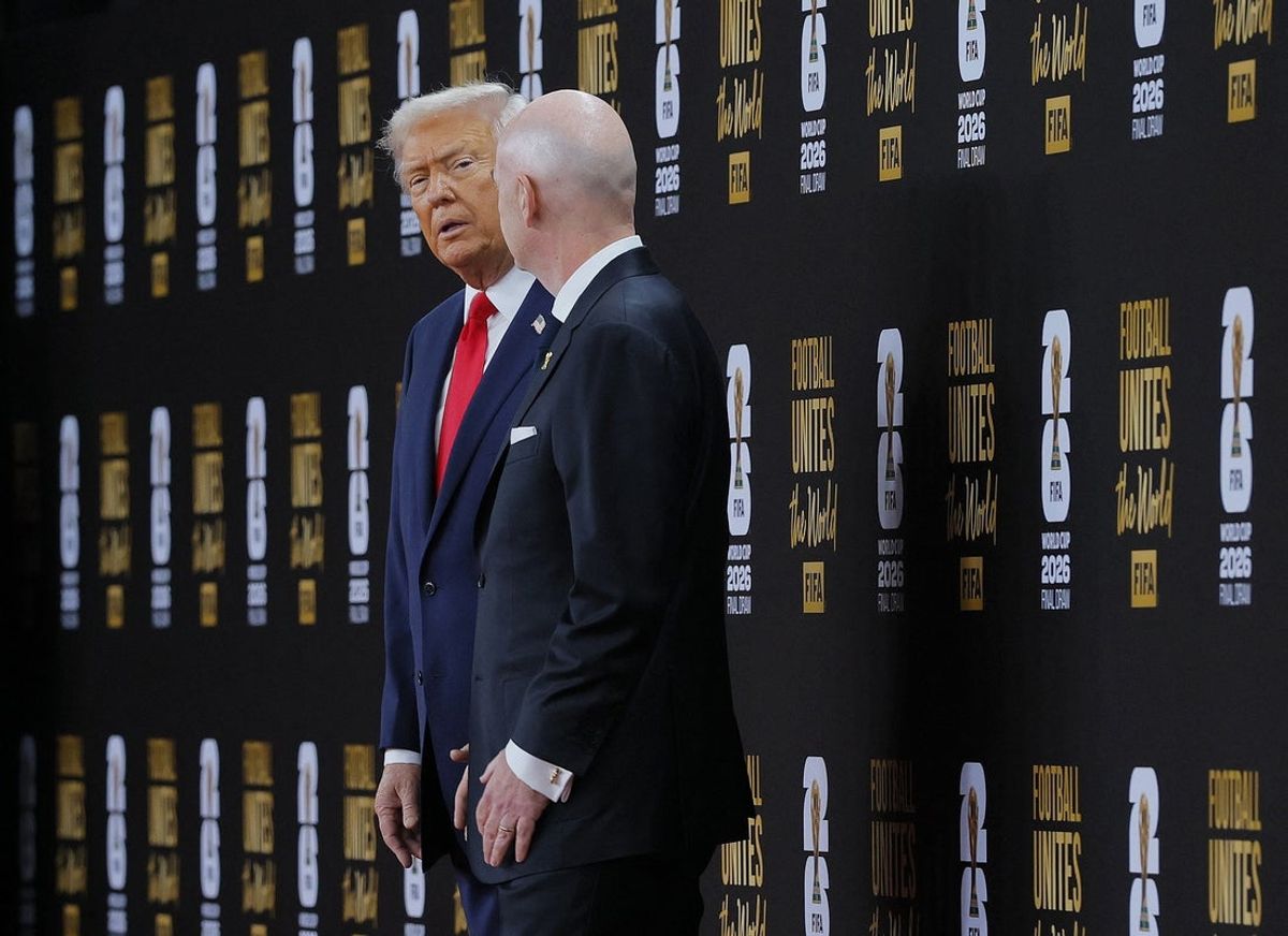 [US, Mexico & Canada customers only] Dec 5, 2025; Washington, District of Columbia, USA; FIFA President Gianni Infantino and United States of America President Donald Trump arrive on the red carpet ahead of the FIFA World Cup 2026 Final Draw at John F. Kennedy Center for the Performing Arts. Mandatory Credit: Brian Snyder-Reuters via Imagn Images