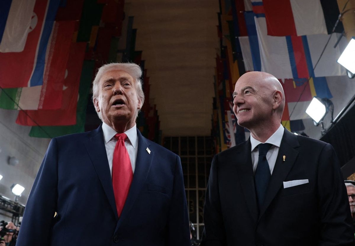 [US, Mexico & Canada customers only] Dec 5, 2025; Washington, District of Columbia, USA; FIFA President Gianni Infantino and United States of America President Donald Trump arrive on the red carpet ahead of the FIFA World Cup 2026 Final Draw at John F. Kennedy Center for the Performing Arts. Mandatory Credit: Jonathan Ernst-Reuters via Imagn Images
