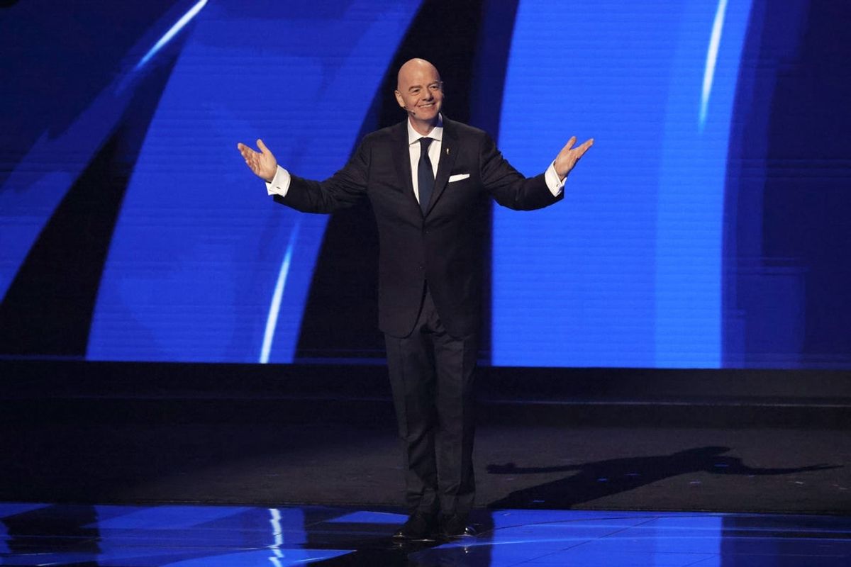 Dec 5, 2025; Washington, District of Columbia, USA; FIFA president Gianni Infantino speaks during the FIFA World Cup 2026 Final Draw at John F. Kennedy Center for the Performing Arts. Mandatory Credit: Amber Searls-Imagn Images