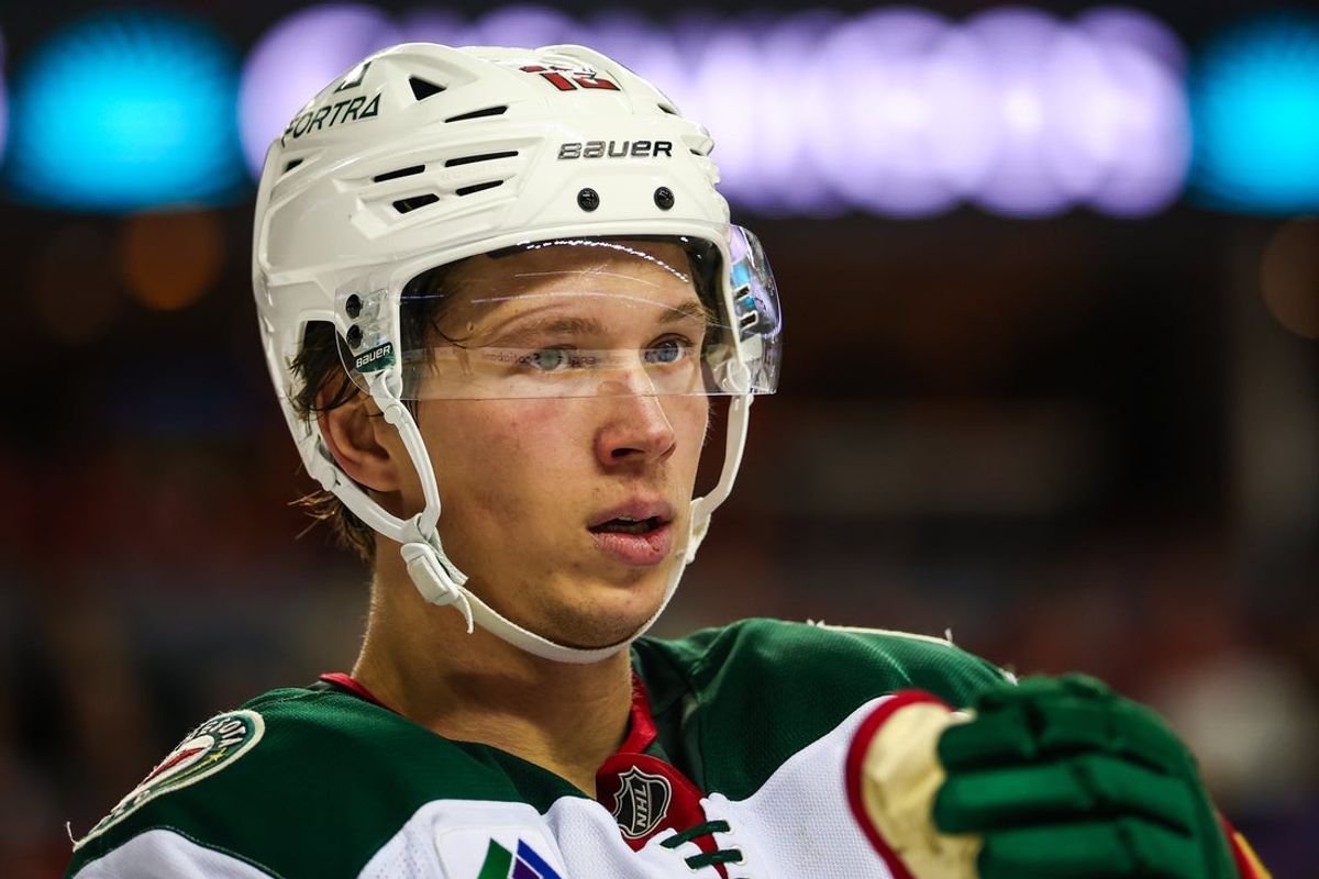 Dec 4, 2025; Calgary, Alberta, CAN; Minnesota Wild left wing Matt Boldy (12) against the Calgary Flames during the third period at Scotiabank Saddledome. Mandatory Credit: Sergei Belski-Imagn Images