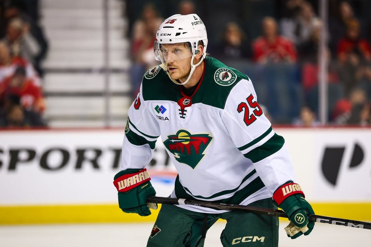 Dec 4, 2025; Calgary, Alberta, CAN; Minnesota Wild defenseman Jonas Brodin (25) against the Calgary Flames during the third period at Scotiabank Saddledome. Mandatory Credit: Sergei Belski-Imagn Images