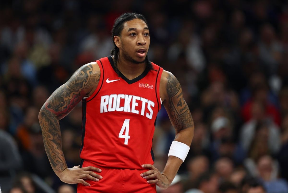 Nov 24, 2025; Phoenix, Arizona, USA; Houston Rockets guard JD Davison (4) against the Phoenix Suns at Mortgage Matchup Center. Mandatory Credit: Mark J. Rebilas-Imagn Images