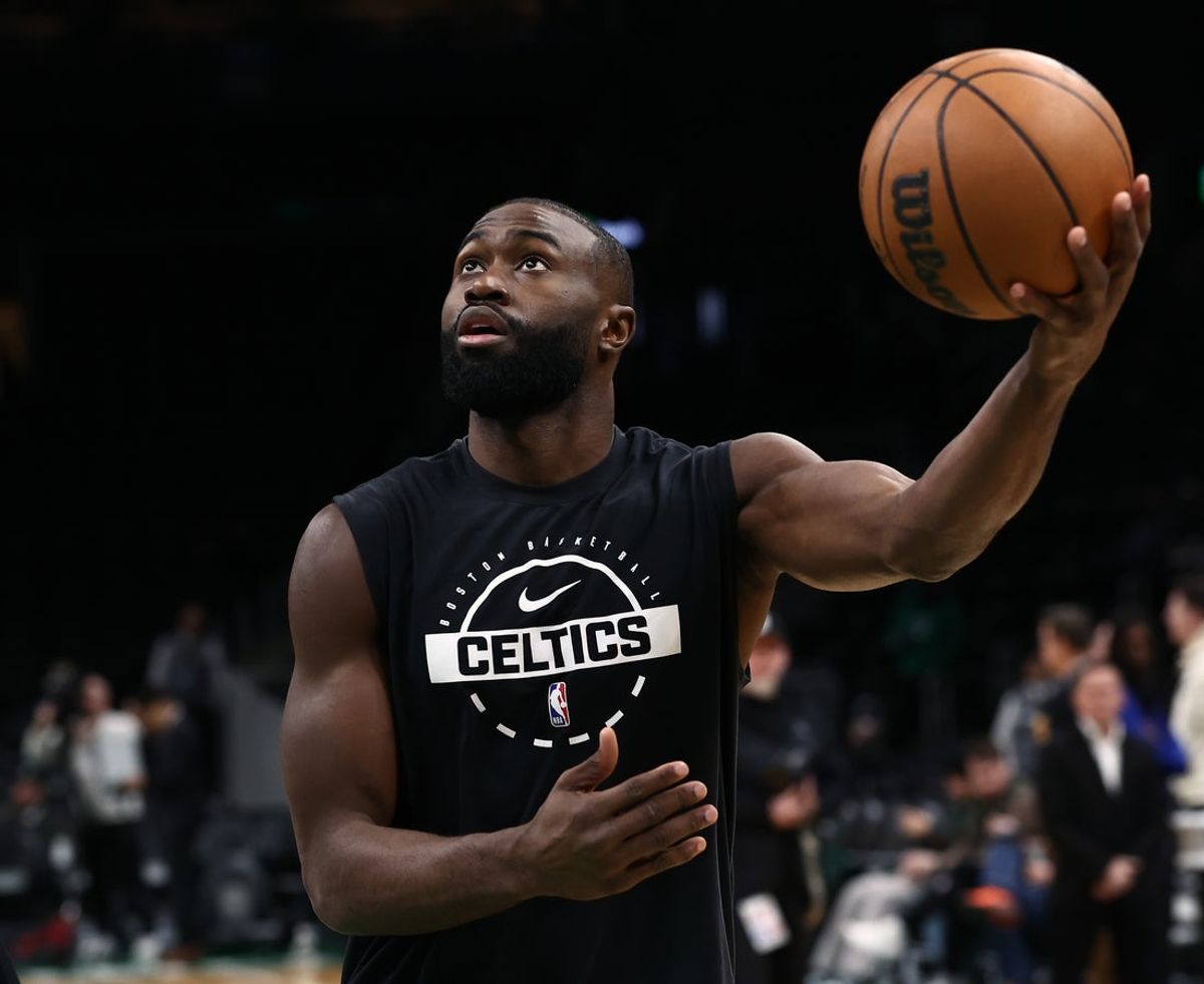 Dec 5, 2025; Boston, Massachusetts, USA; Boston Celtics guard Jaylen Brown (7) shoots before their game against the Los Angeles Lakers at TD Garden. Mandatory Credit: Winslow Townson-Imagn Images