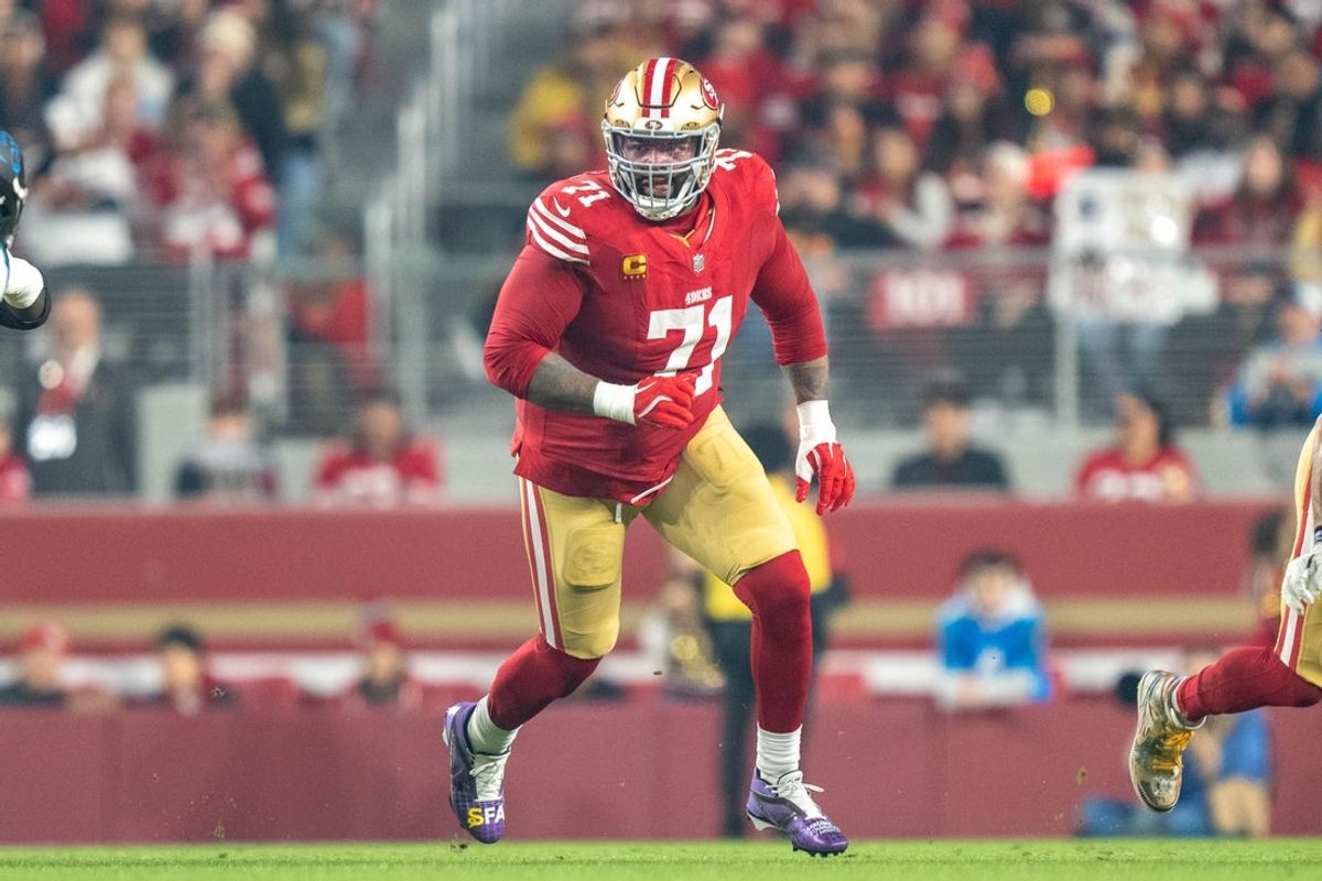 November 24, 2025; Santa Clara, California, USA; San Francisco 49ers offensive tackle Trent Williams (71) during the first quarter against the Carolina Panthers at Levi's Stadium. Mandatory Credit: Kyle Terada-Imagn Images