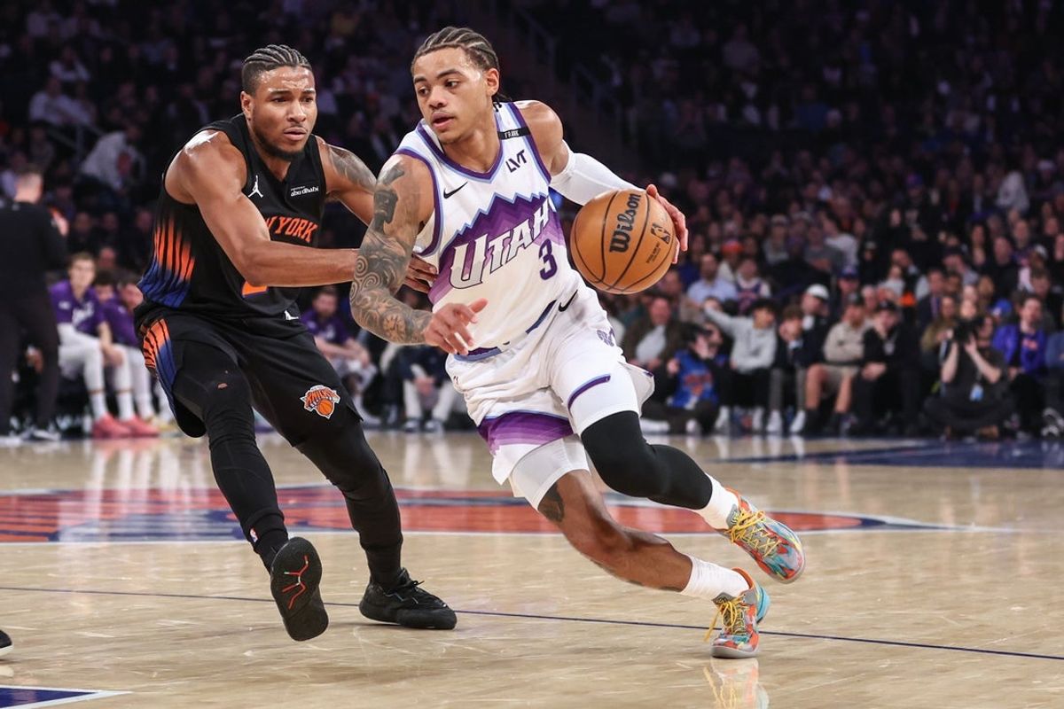 Dec 5, 2025; New York, New York, USA;  Utah Jazz guard Keyonte George (3) drives past New York Knicks guard Miles McBride (2) in the first quarter at Madison Square Garden. Mandatory Credit: Wendell Cruz-Imagn Images