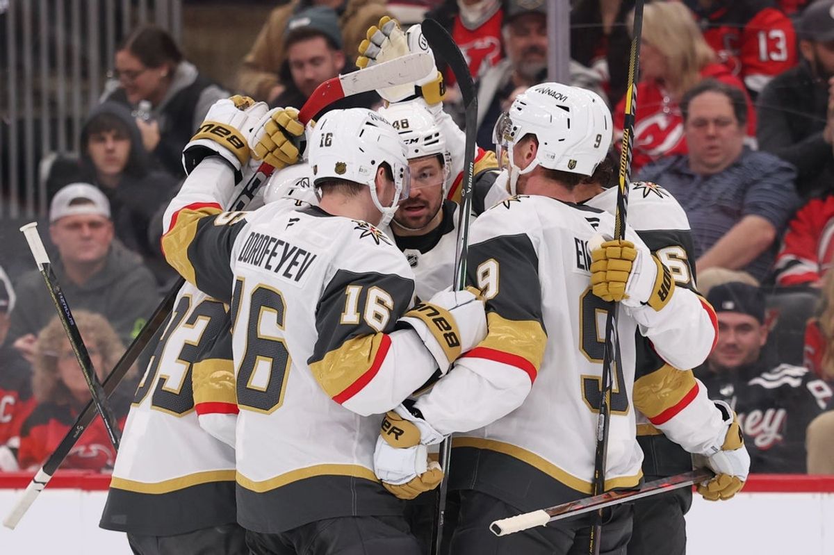 Dec 5, 2025; Newark, New Jersey, USA; Vegas Golden Knights center Tomas Hertl (48) celebrates his goal against the New Jersey Devils during the third period at Prudential Center. Mandatory Credit: Ed Mulholland-Imagn Images