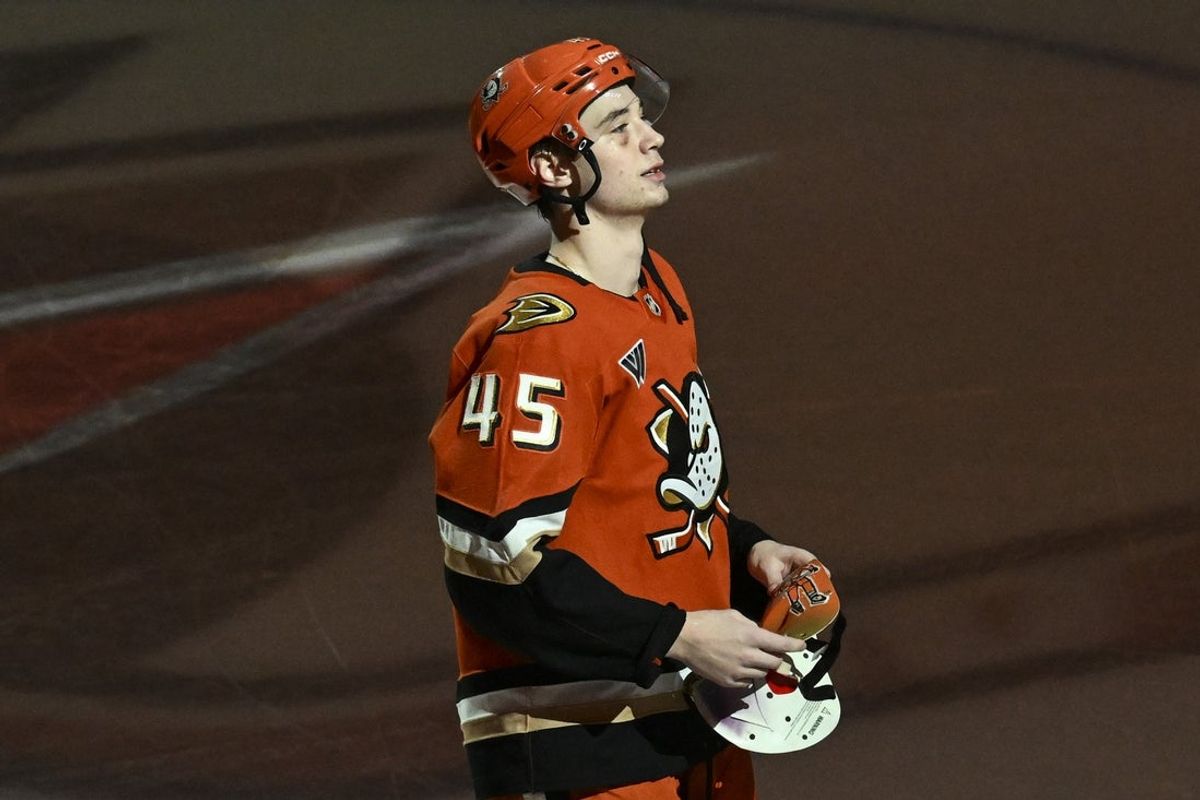 Dec 5, 2025; Anaheim, California, USA; Star of the Game Anaheim Ducks right wing Beckett Sennecke (45) is seen on the ice after a win over the Washington Capitals at Honda Center. Mandatory Credit: Griffin Hooper-Imagn Images
