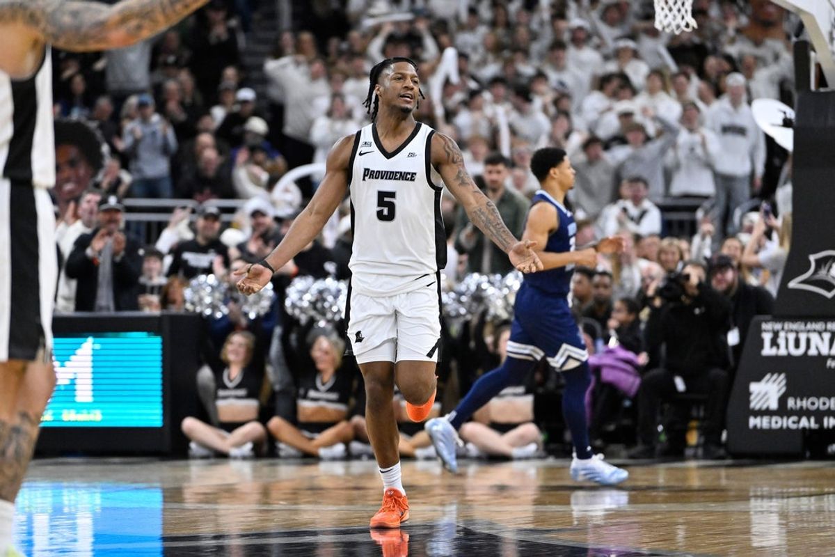 Dec 6, 2025; Providence, Rhode Island, USA; Providence Friars forward Jamier Jones (5) reacts to his basket against the Rhode Island Rams during the second half at Amica Mutual Pavilion. Mandatory Credit: Eric Canha-Imagn Images