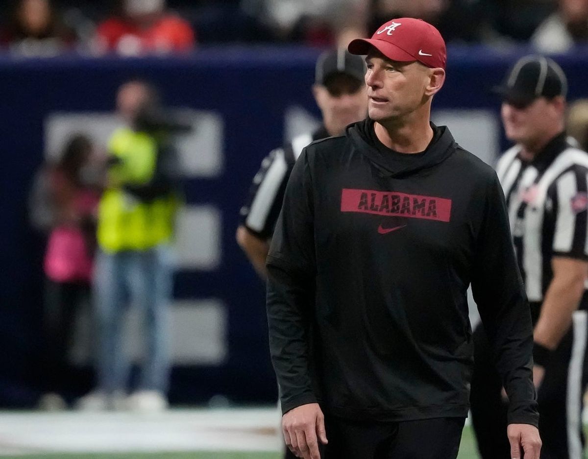 Dec 6, 2025; Atlanta, GA, USA; Alabama head coach Kalen DeBoer watches the Crimson Tide warm up before the SEC Championship Game at Mercedes-Benz Stadium. Mandatory Credit: Gary Cosby Jr.-Tuscaloosa News