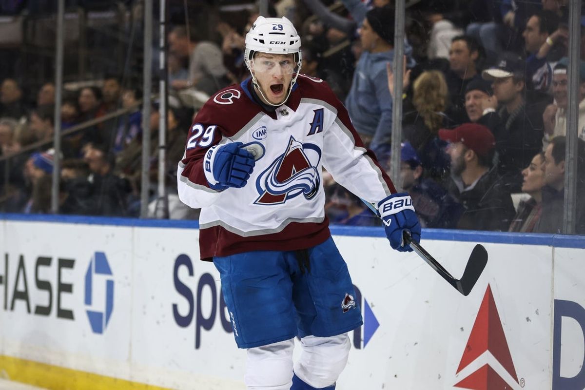Dec 6, 2025; New York, New York, USA;  Colorado Avalanche center Nathan MacKinnon (29) celebrates after scoring a goal in the third period against the New York Rangers at Madison Square Garden. Mandatory Credit: Wendell Cruz-Imagn Images