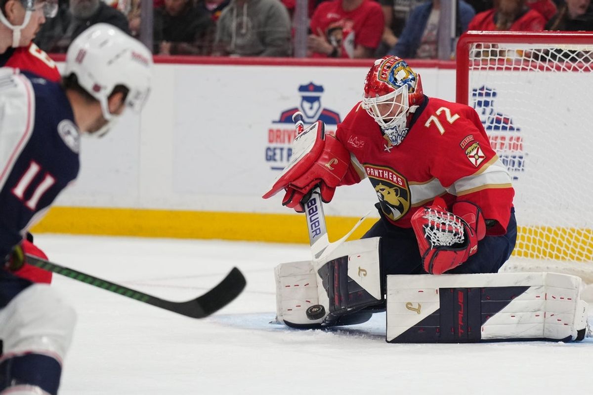 Dec 6, 2025; Sunrise, Florida, USA;  Florida Panthers goaltender Sergei Bobrovsky (72) makes a save against the Columbus Blue Jacket during the first period at Amerant Bank Arena. Mandatory Credit: Jim Rassol-Imagn Images