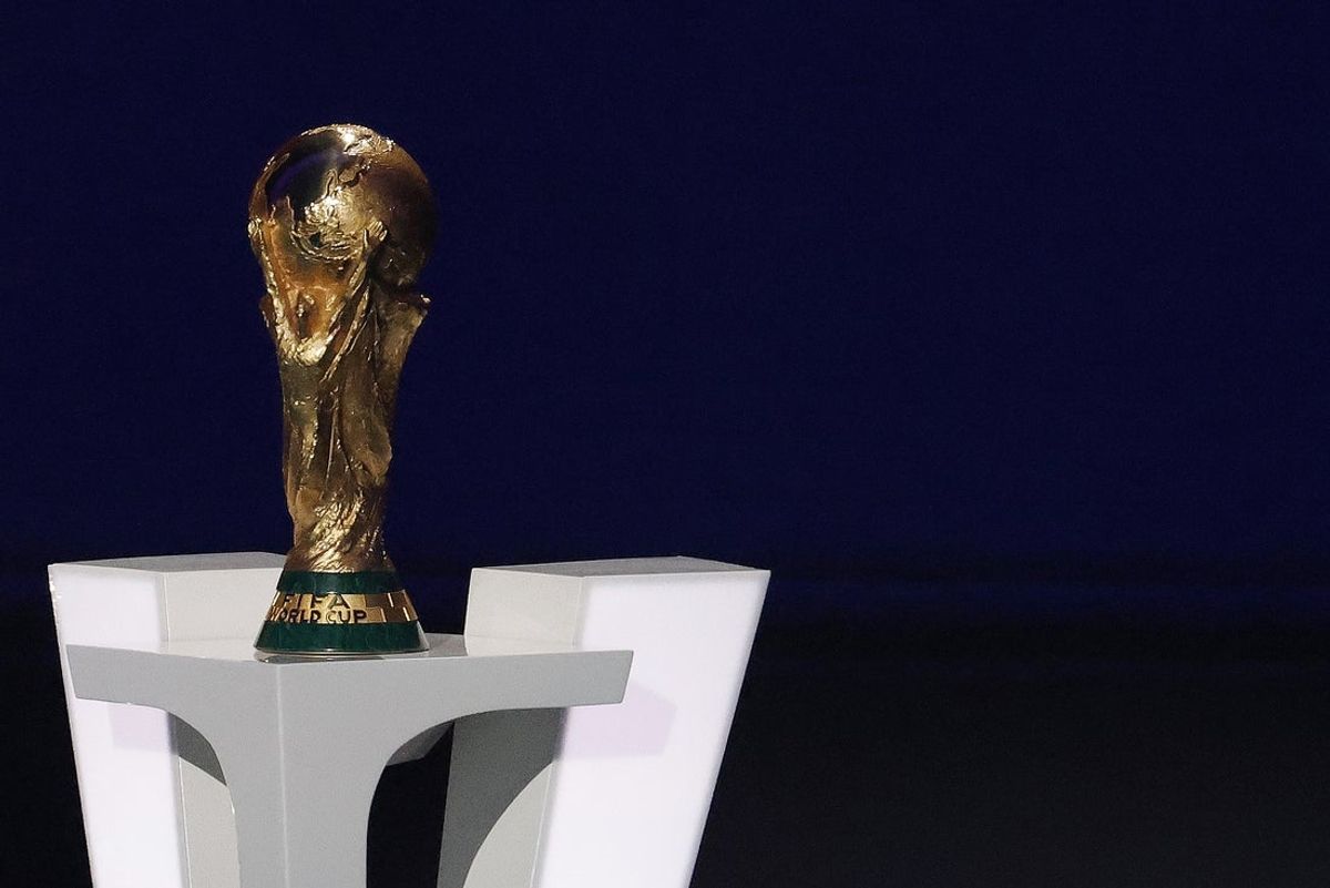 Dec 5, 2025; Washington, District of Columbia, USA; The World Cup trophy sits on a podium during the FIFA World Cup 2026 Final Draw at John F. Kennedy Center for the Performing Arts. Mandatory Credit: Amber Searls-Imagn Images