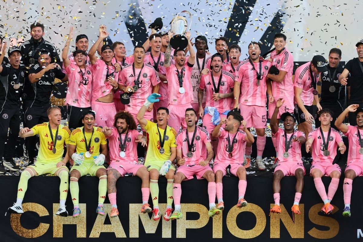 Dec 6, 2025; Fort Lauderdale, Florida, USA; Inter Miami forward Lionel Messi (10) lifts the Philip F. Anschutz trophy after winning the 2025 MLS Cup against the Vancouver Whitecaps FC at Chase Stadium. Mandatory Credit: Sam Navarro-Imagn Images
