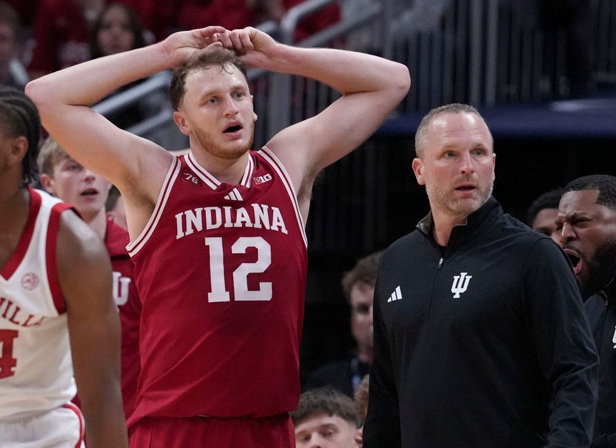 Indiana Hoosiers forward Tucker DeVries (12) reacts to a call from the referee during a game against the Louisville Cardinals on Saturday, Dec. 6, 2025, at Gainbridge Fieldhouse in Indianapolis. Louisville defeated Indiana 87-78.
