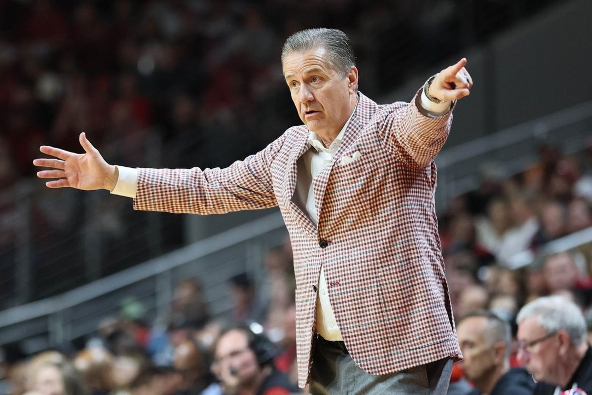 Dec 6, 2025; North Little Rock, Arkansas, USA; Arkansas Razorbacks head coach John Calipari give directions during the second half against the Fresno State Bulldogs at Simmons Bank Arena. Arkansas won 82-58. Mandatory Credit: Nelson Chenault-Imagn Images