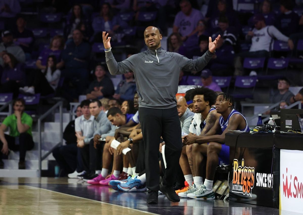 Dec 6, 2025; Manhattan, Kansas, USA; Seton Hall Pirates head coach Shaheen Holloway reacts to a call by the officials during the second half against the Kansas State Wildcats at Bramlage Coliseum. Mandatory Credit: Scott Sewell-Imagn Images