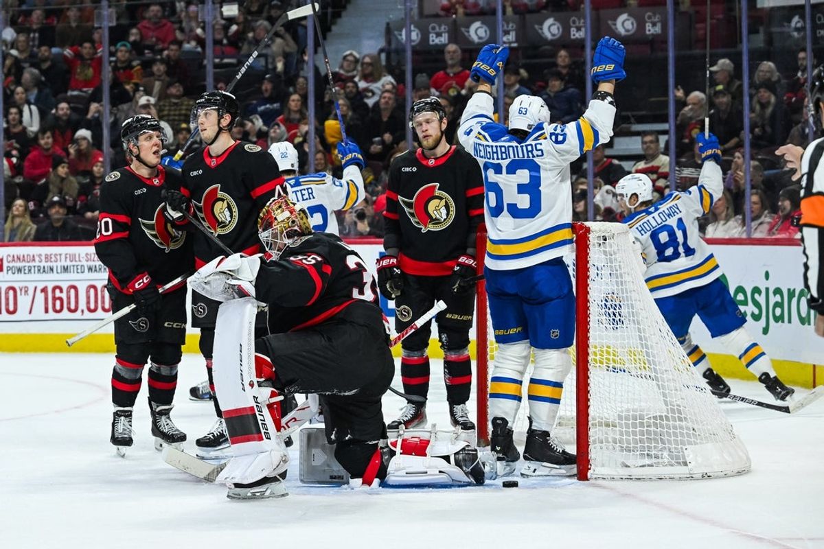 Dec 6, 2025; Ottawa, Ontario, CAN; St. Louis Blues left wing Jake Neighbours (63) reacts after scring a goal against Ottawa Senators goalie Linus Ullmark (35) during the second period at Canadian Tire Centre. Mandatory Credit: David Kirouac-Imagn Images