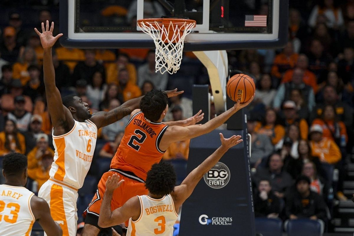 Dec 6, 2025; Nashville, Tennessee, USA;  Illinois Fighting Illini guard Andrej Stojakovic (2) lays the ball in  against the Tennessee Volunteers during the first half at Bridgestone Arena. Mandatory Credit: Steve Roberts-Imagn Images