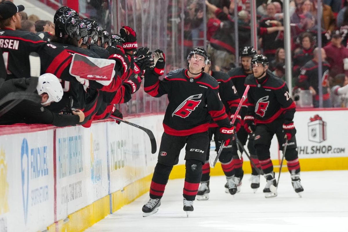 Dec 6, 2025; Raleigh, North Carolina, USA;  Carolina Hurricanes right wing Jackson Blake (53) celebrates his goal against the Nashville Predators during the second period at Lenovo Center. Mandatory Credit: James Guillory-Imagn Images