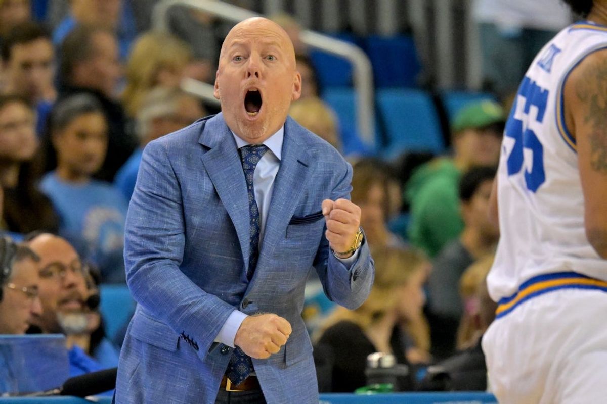 Dec 6, 2025; Los Angeles, California, USA;  UCLA Bruins head coach Mick Cronin reacts during the first half against the Oregon Ducks at Pauley Pavilion presented by Wescom Financial. Mandatory Credit: Jayne Kamin-Oncea-Imagn Images
