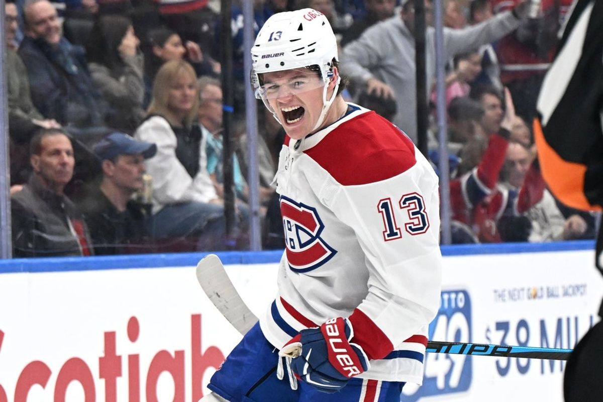 Dec 6, 2025; Toronto, Ontario, CAN;  Montreal Canadiens forward Cole Caufield (13) celebrates after scoring a goal against the Toronto Maple Leaf in the second period at Scotiabank Arena. Mandatory Credit: Dan Hamilton-Imagn Images
