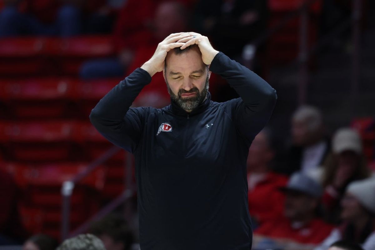 Dec 6, 2025; Salt Lake City, Utah, USA; Utah Utes head coach Alex Jensen reacts after a play against the California Baptist Lancers during the second half at Jon M. Huntsman Center. Mandatory Credit: Rob Gray-Imagn Images