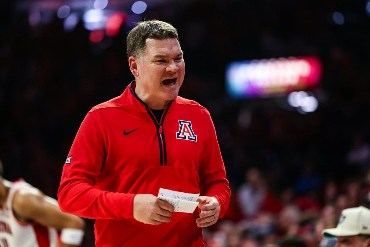 Dec 6, 2025; Tucson, Arizona, USA; Arizona Wildcats head coach Tommy Lloyd yells out towards his bench during the first half of the game against the Auburn Tigers at McKale Memorial Center. Mandatory Credit: Aryanna Frank-Imagn Images