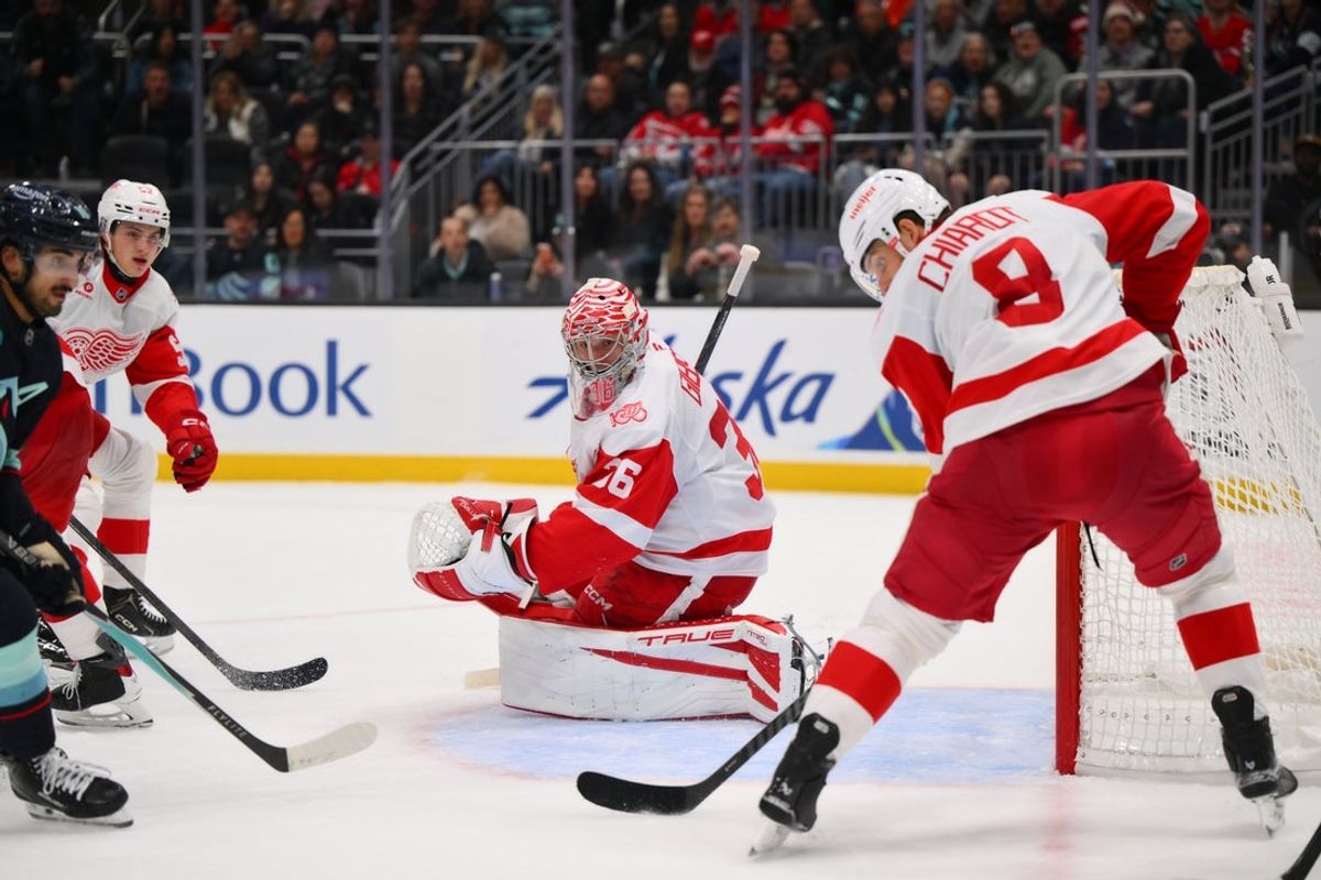 Dec 6, 2025; Seattle, Washington, USA; Detroit Red Wings goaltender John Gibson (36) defends the goal against the Seattle Kraken during the second period at Climate Pledge Arena. Mandatory Credit: Steven Bisig-Imagn Images