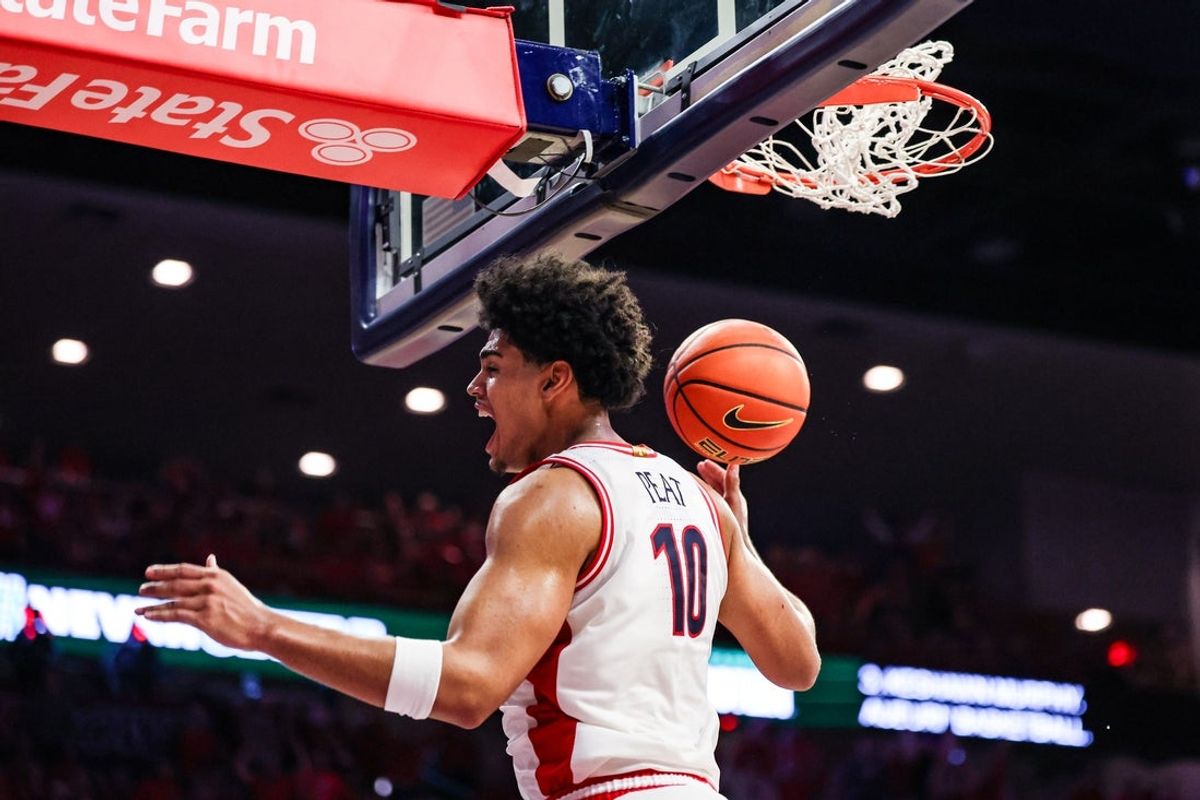 Dec 6, 2025; Tucson, Arizona, USA; Arizona Wildcats forward Koa Pea (10) dunks the ball during the second half of the game against the Auburn Tigers at McKale Memorial Center. Mandatory Credit: Aryanna Frank-Imagn Images