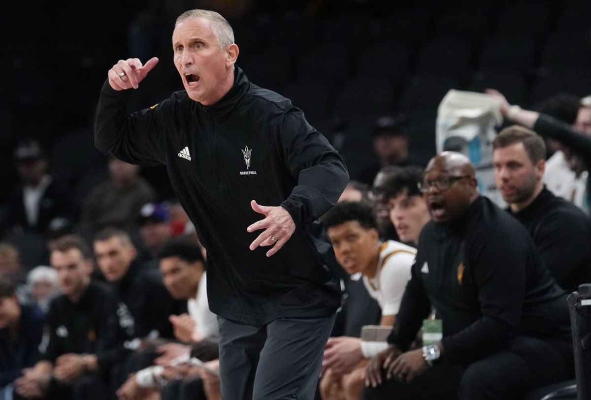 ASU Sun Devils head coach Bobby Hurley yells out to his team as they play the Oklahoma Sooners at Mortgage Matchup Center on Dec. 6, 2025, in Phoenix, Arizona.