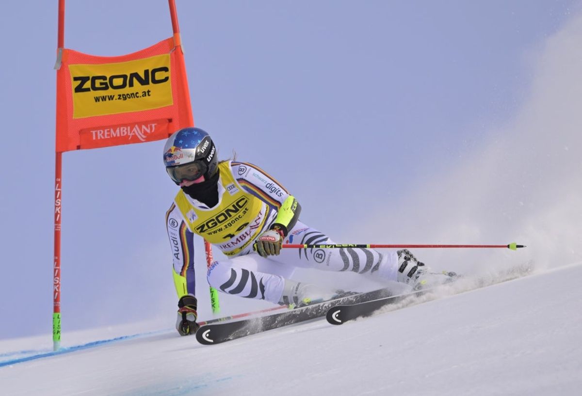 Dec 7, 2025; Mont-Tremblant, Quebec, CANADA; Emma Aicher of Germany during the first run of the women's giant slalom race during the PwC Tremblant alpine skiing World Cup at Mont-Tremblant Ski Resort. Mandatory Credit: Eric Bolte-Imagn Images