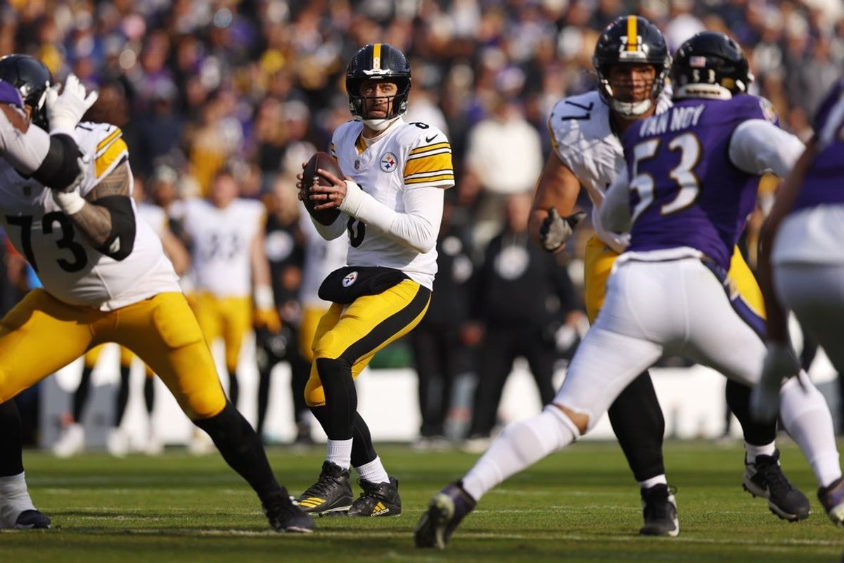 Dec 7, 2025; Baltimore, Maryland, USA; Pittsburgh Steelers quarterback Aaron Rodgers (8) looks to pass the ball against the Baltimore Ravens during the first half at M&T Bank Stadium. Mandatory Credit: Peter Casey-Imagn Images