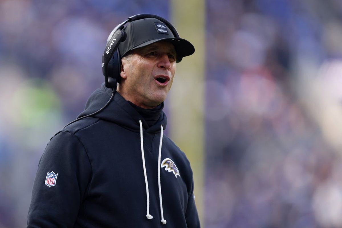 Dec 7, 2025; Baltimore, Maryland, USA; Baltimore Ravens head coach John Harbaugh reacts after a call following a play against the Pittsburgh Steelers during the first half at M&T Bank Stadium. Mandatory Credit: Peter Casey-Imagn Images