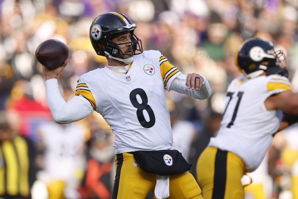 Dec 7, 2025; Baltimore, Maryland, USA; Pittsburgh Steelers quarterback Aaron Rodgers (8) passes the ball against the Baltimore Ravens during the first half at M&T Bank Stadium. Mandatory Credit: Peter Casey-Imagn Images