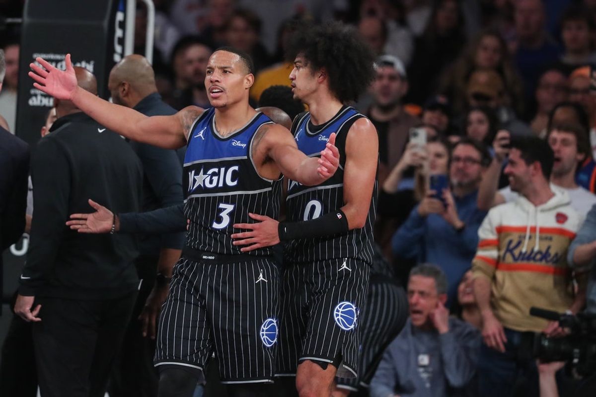 Dec 7, 2025; New York, New York, USA;  Orlando Magic guard Desmond Bane (3) reacts to a call in the fourth quarter against the New York Knicks at Madison Square Garden. Mandatory Credit: Wendell Cruz-Imagn Images