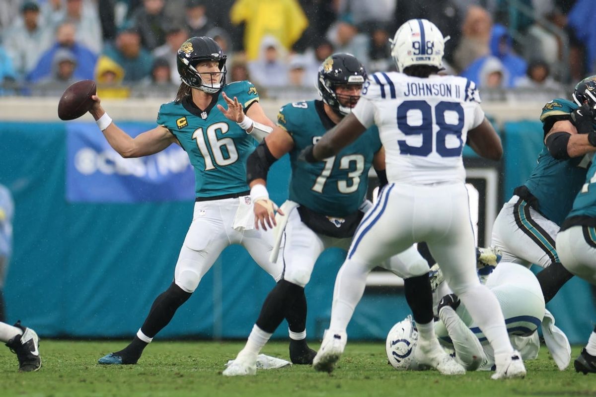 Dec 7, 2025; Jacksonville, Florida, USA;  Jacksonville Jaguars quarterback Trevor Lawrence (16) throws downfield against the Indianapolis Colts during the second half at EverBank Stadium. Mandatory Credit: Matt Pendleton-Imagn Images