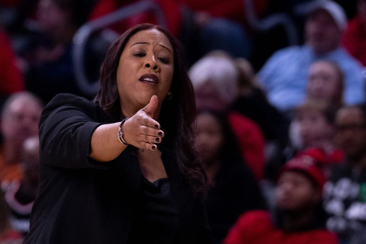 Cincinnati Bearcats head coach Katrina Merriweather gestures in the third quarter of the NCAA basketball game against the Xavier Musketeers at the Fifth Third Arena in Cincinnati on Dec. 7, 2025.