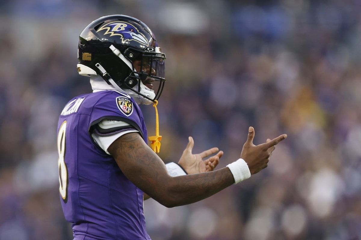 Dec 7, 2025; Baltimore, Maryland, USA; Baltimore Ravens quarterback Lamar Jackson (8) reacts after a play against the Pittsburgh Steelers during the second half at M&T Bank Stadium. Mandatory Credit: Peter Casey-Imagn Images