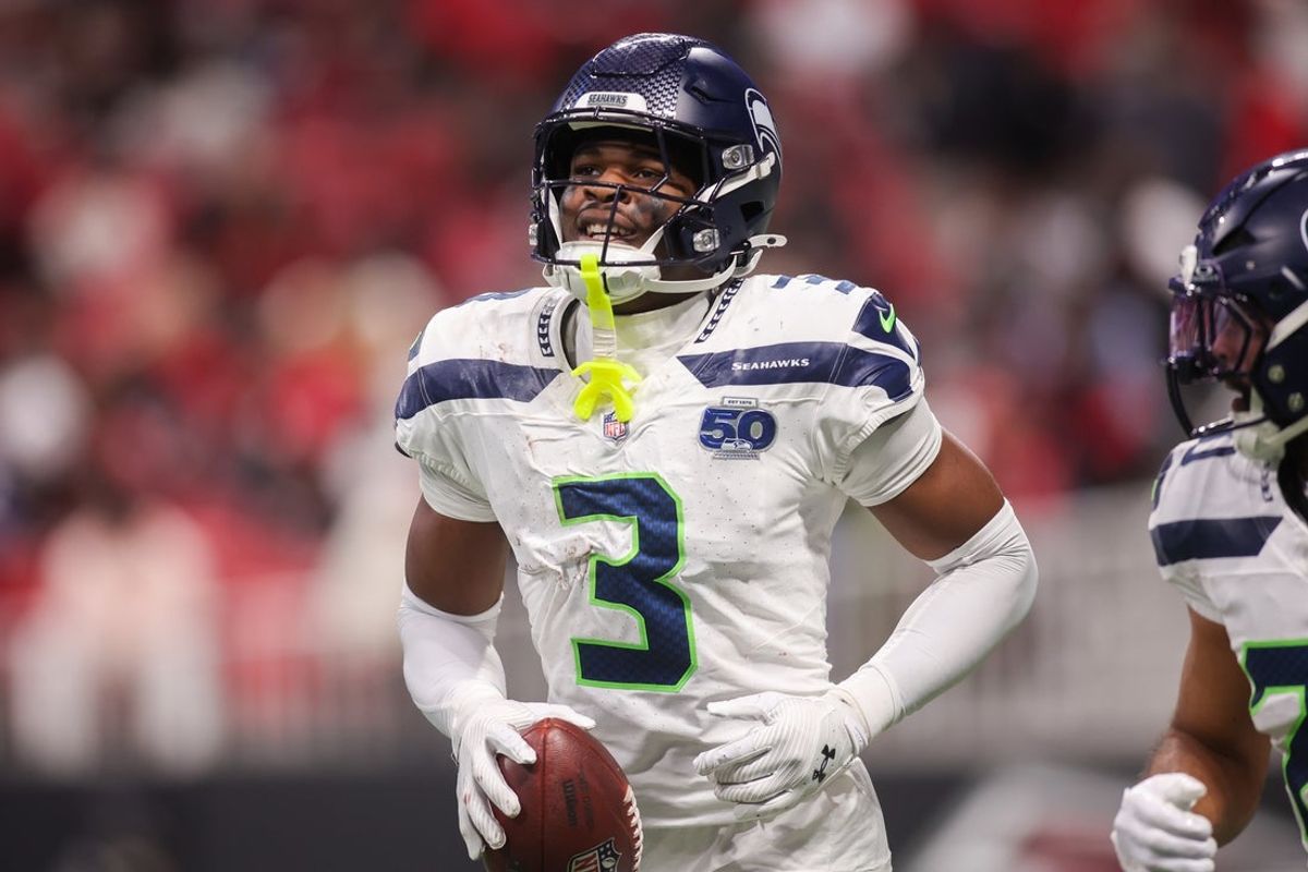 Seattle Seahawks safety Nick Emmanwori (3) celebrates after an interception against the Atlanta Falcons in the third quarter at Mercedes-Benz Stadium. Mandatory Credit: Brett Davis-Imagn Images
