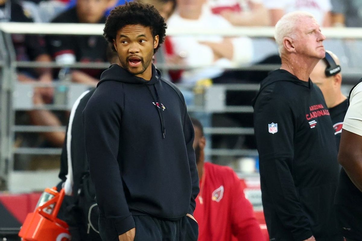 Dec 7, 2025; Glendale, Arizona, USA; Arizona Cardinals quarterback Kyler Murray (1) on the side line against the Los Angeles Rams during the second half at State Farm Stadium. Mandatory Credit: Mark J. Rebilas-Imagn Images