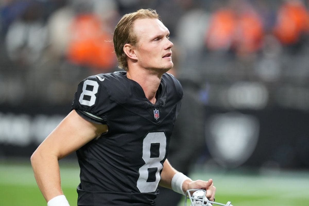 Dec 7, 2025; Paradise, Nevada, USA;  Las Vegas Raiders place kicker Daniel Carlson (8) leaves the field following a game against the Denver Broncos at Allegiant Stadium. Mandatory Credit: Stephen R. Sylvanie-Imagn Images