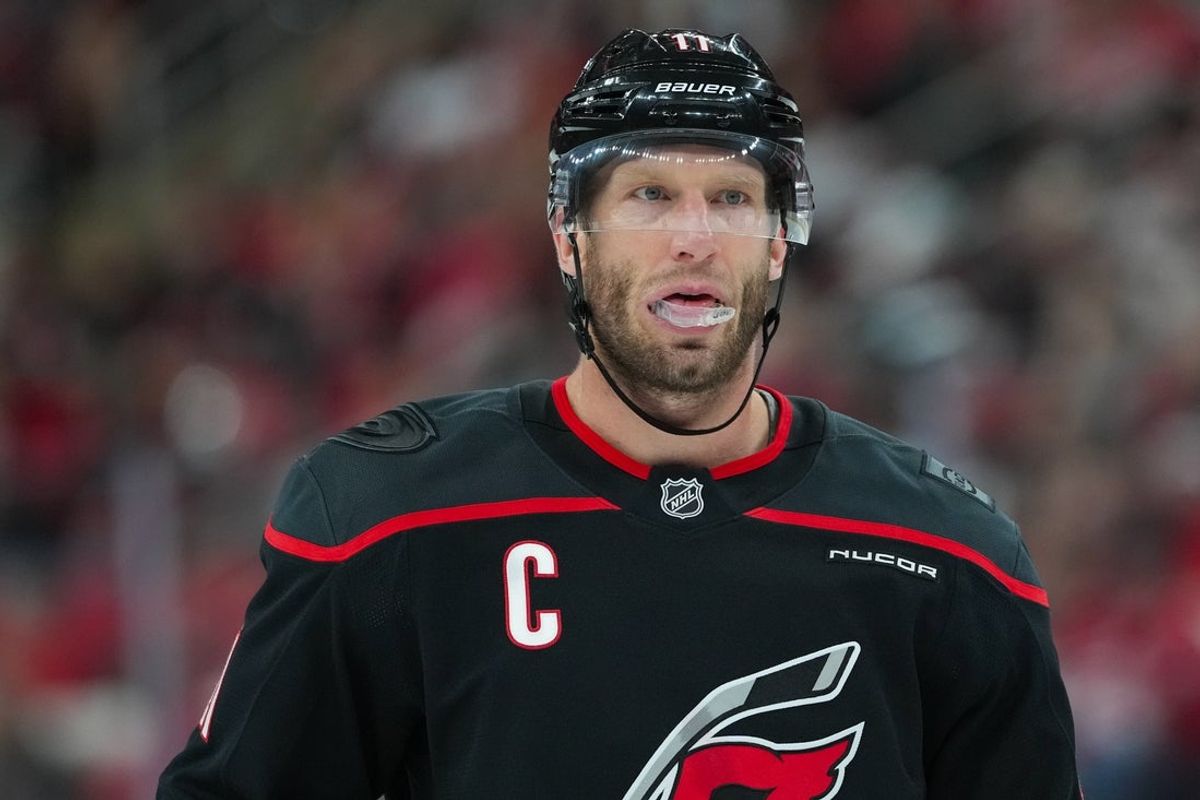 Dec 7, 2025; Raleigh, North Carolina, USA;  Carolina Hurricanes center Jordan Staal (11) looks on before the start of the game against the San Jose Sharks at Lenovo Center. Mandatory Credit: James Guillory-Imagn Images