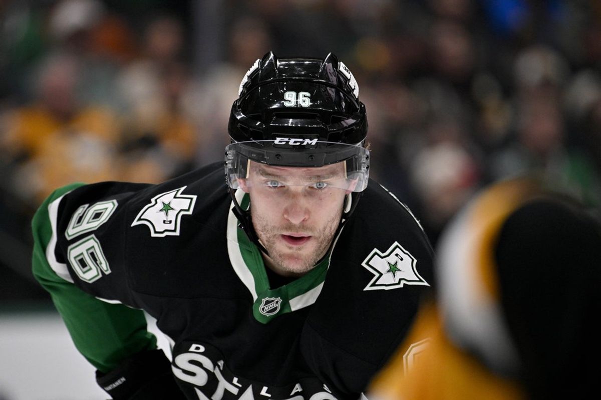 Dec 7, 2025; Dallas, Texas, USA; Dallas Stars right wing Mikko Rantanen (96) looks on during the second period against the Pittsburgh Penguins at American Airlines Center. Mandatory Credit: Jerome Miron-Imagn Images