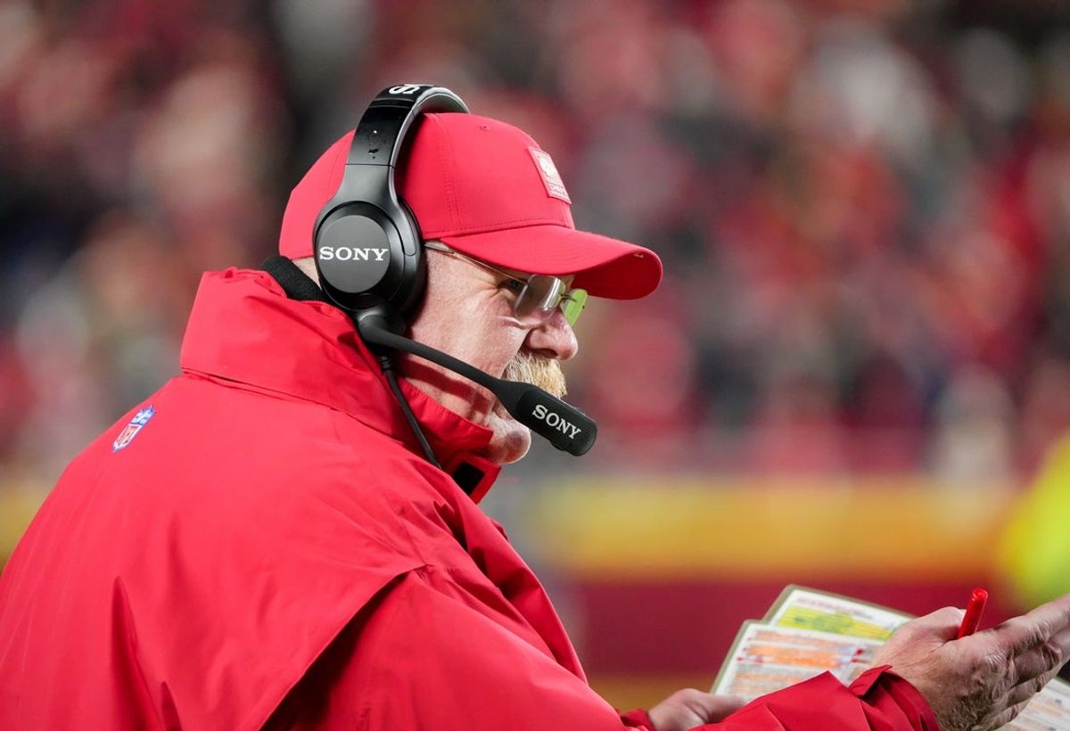 Dec 7, 2025; Kansas City, Missouri, USA; Kansas City Chiefs head coach Andy Reid looks on during the third quarter against the Houston Texans at GEHA Field at Arrowhead Stadium. Mandatory Credit: Denny Medley-Imagn Images