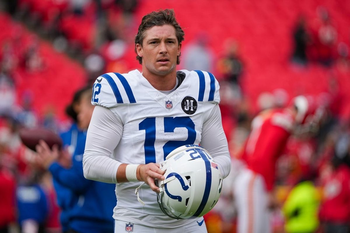 Nov 23, 2025; Kansas City, Missouri, USA; Indianapolis Colts kicker Michael Badgley (12) on field against the Kansas City Chiefs prior to a game at GEHA Field at Arrowhead Stadium. Mandatory Credit: Denny Medley-Imagn Images