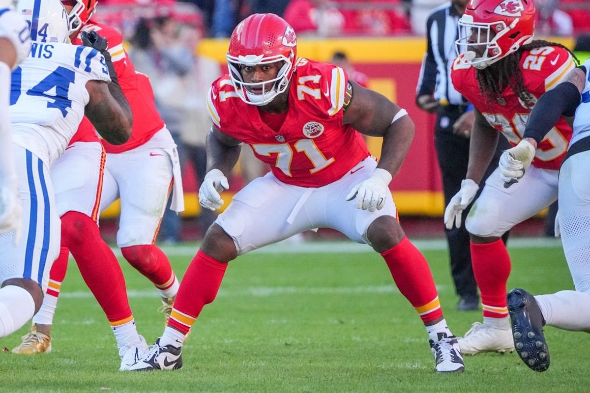 Nov 23, 2025; Kansas City, Missouri, USA; Kansas City Chiefs offensive tackle Josh Simmons (71) on field against the Indianapolis Colts during the game at GEHA Field at Arrowhead Stadium. Mandatory Credit: Denny Medley-Imagn Images