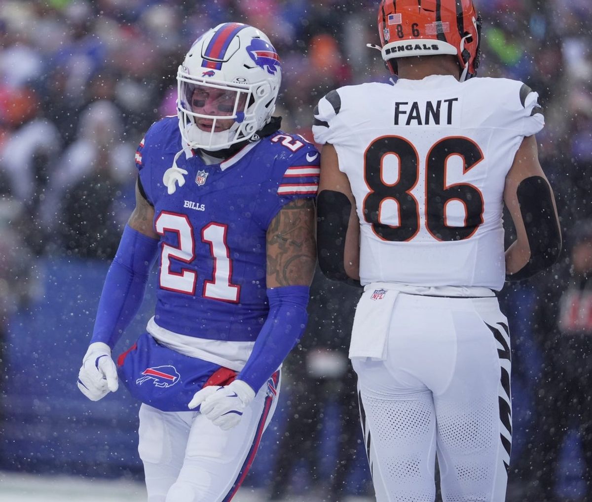 Buffalo Bills safety Jordan Poyer reacts to a tackle during first half action at Highmark Stadium in Orchard Park on Dec. 7, 2025.