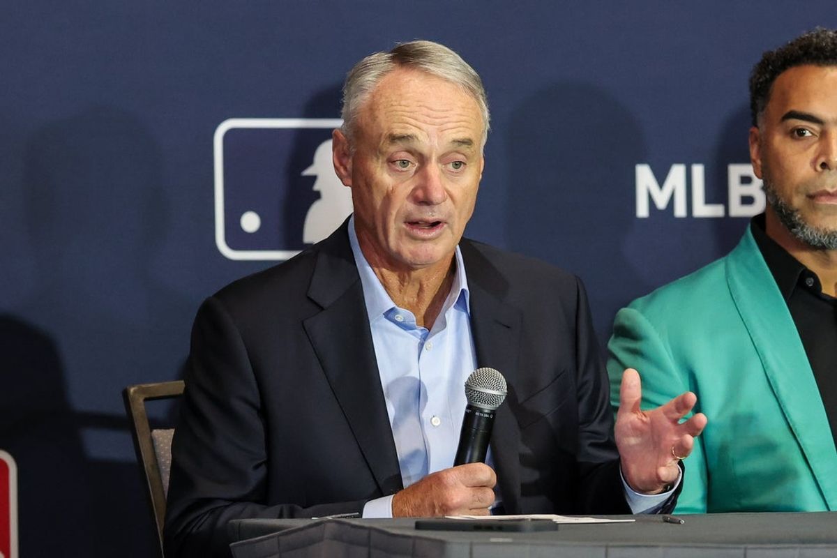 Dec 8, 2025; Orlando, FL, USA; MLB Commissioner Rob Manfred speaks with the media during the 2025 MLB Winter Meetings at Signia by Hilton Hotel. Mandatory Credit: Mike Watters-Imagn Images