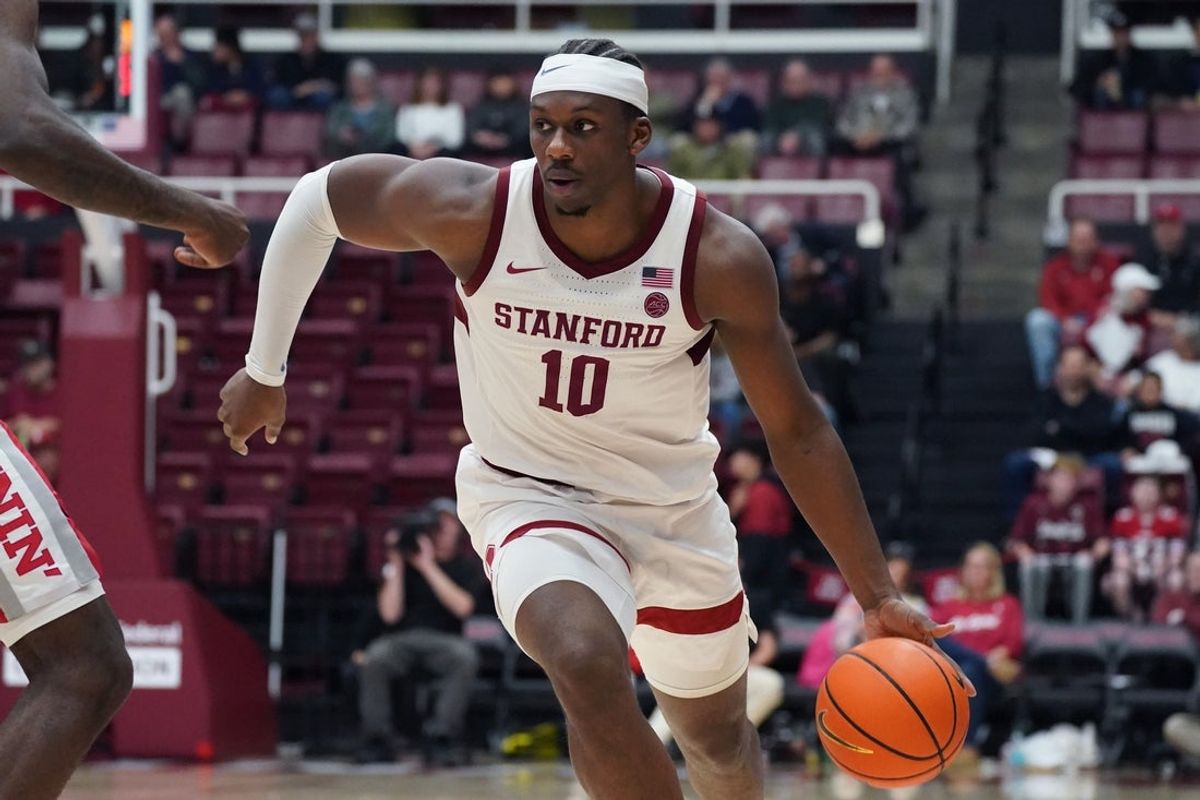 Dec 7, 2025; Stanford, California, USA;  Stanford Cardinal forward Chisom Okpara (10) dribbles to the basket against the UNLV Runnin' Rebels in the first half at Maples Pavilion. Mandatory Credit: David Gonzales-Imagn Images