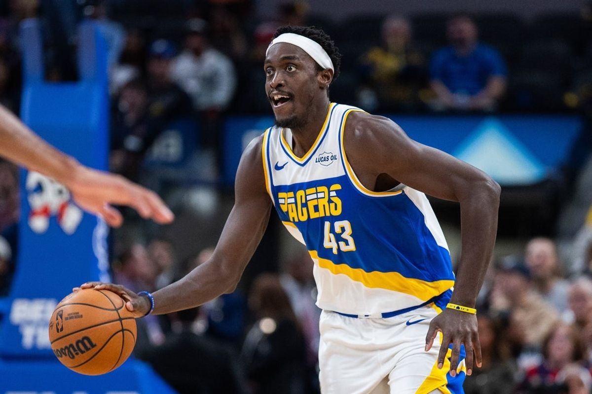 Dec 8, 2025; Indianapolis, Indiana, USA; Indiana Pacers forward Pascal Siakam (43) dribbles the ball  in the first half  against the Sacramento Kings at Gainbridge Fieldhouse. Mandatory Credit: Trevor Ruszkowski-Imagn Images